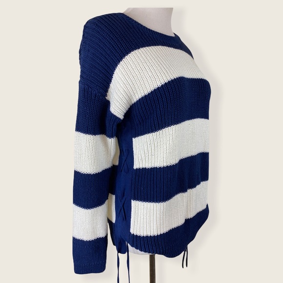 Talbots Chunky Knit Striped Sweater Navy Blue - Picture 2 of 6